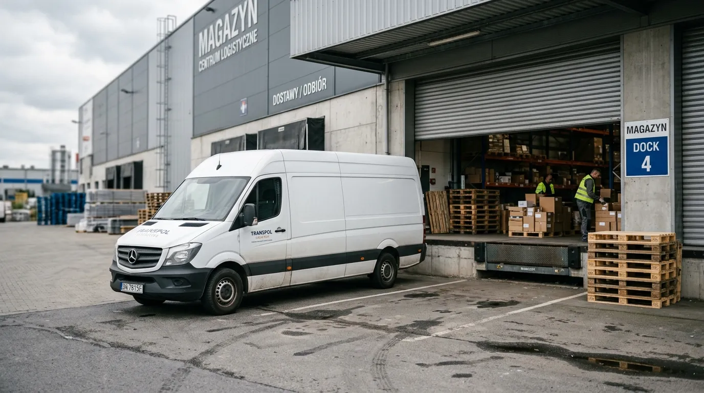 Biały bus dostawczy zaparkowany pod magazynem