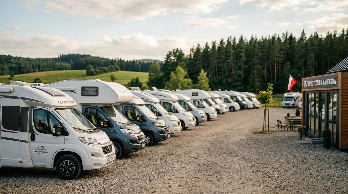 Rząd kamperów zaparkowanych na placu wypożyczalni w Polsce
