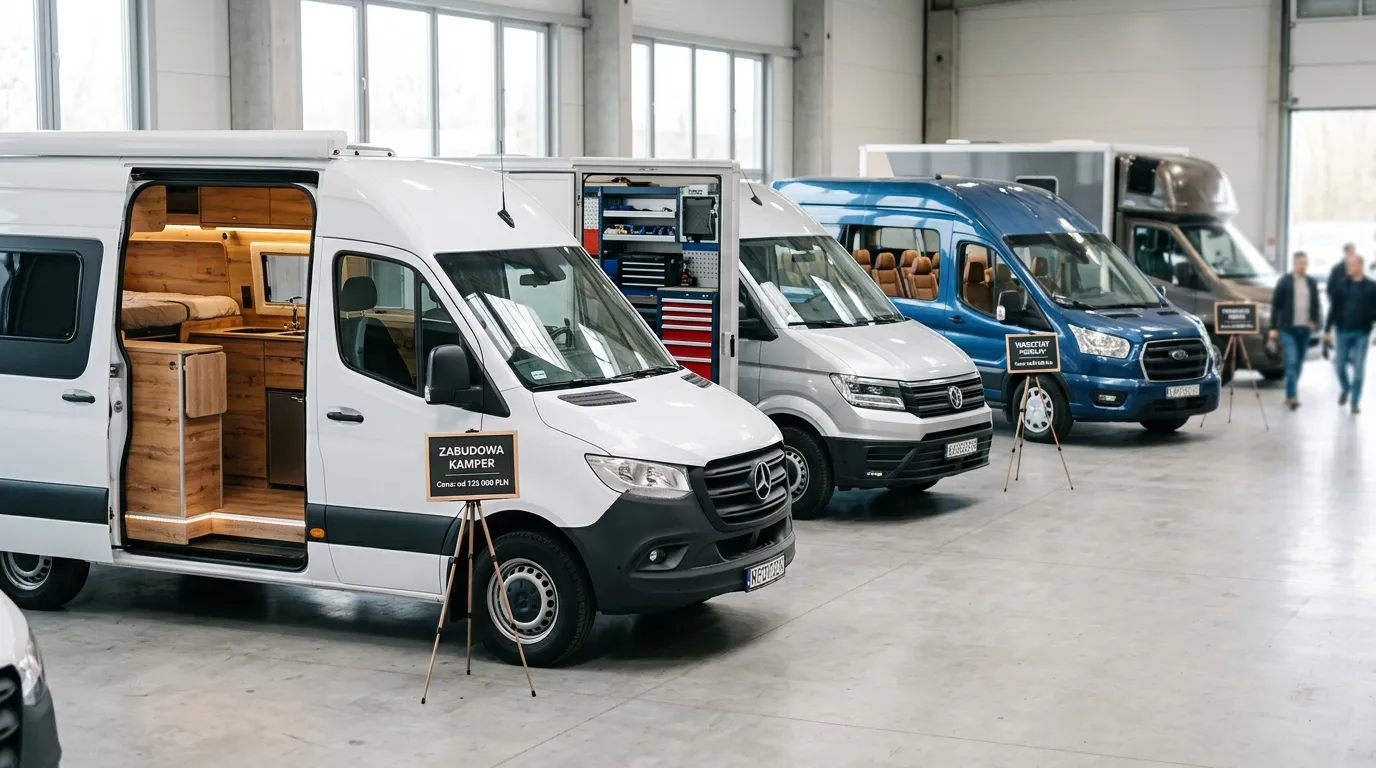 Różne typy zabudów busów z podanymi cenami