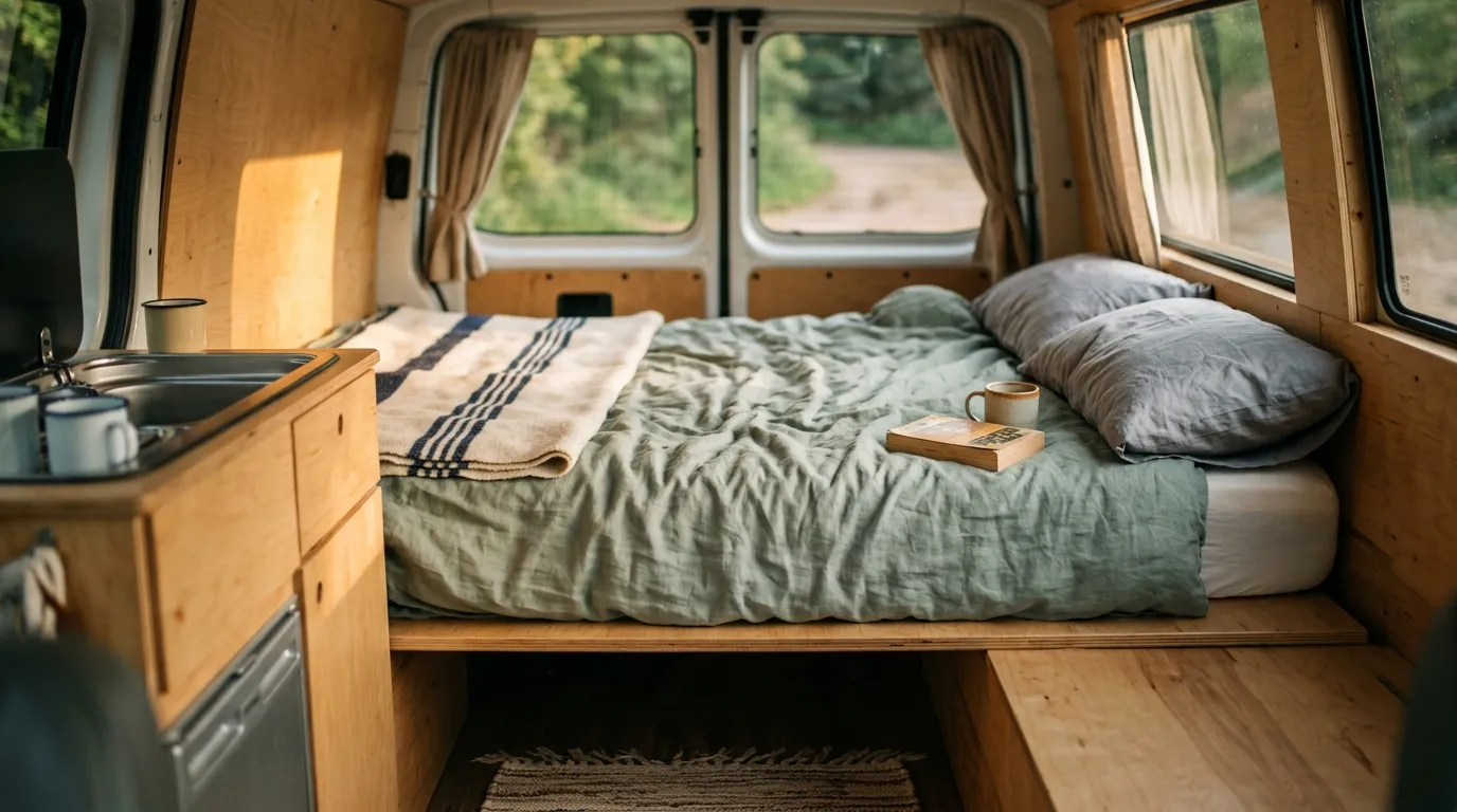 Wnętrze busa z rozłożoną platformą do spania i materacem