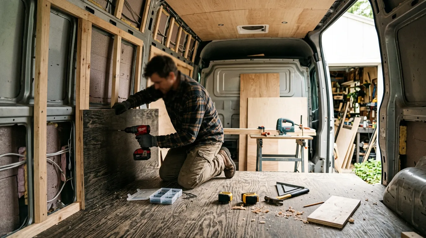 Wnętrze busa podczas zabudowy sklejką wodoodporną – widoczne panele i narzędzia