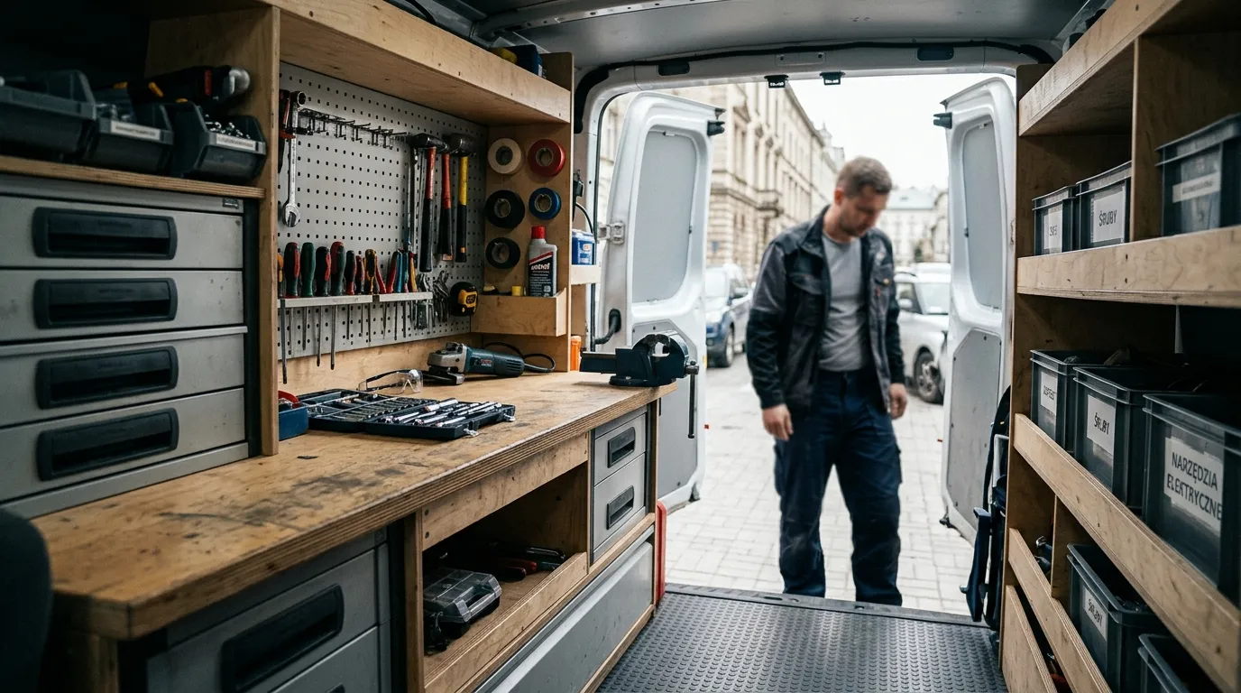 Zabudowa warsztatowa z blatem roboczym w busie dostawczym