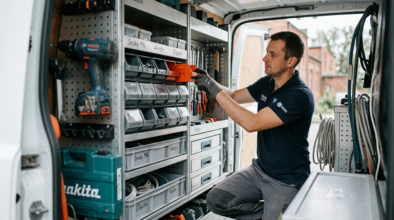 Zabudowa serwisowa busa z regałami aluminiowymi